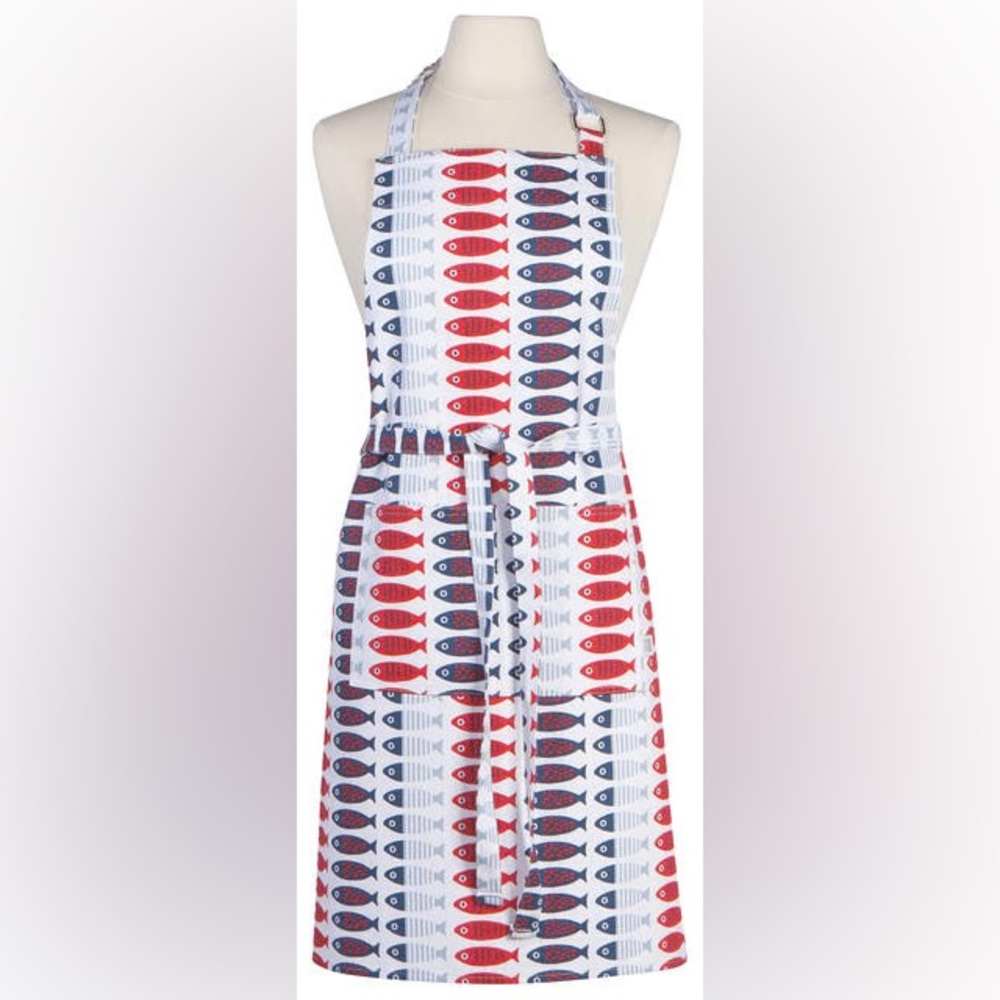 Now Designs Little Fish Apron Red Blue Fish Print Kitchen Cooking Apron